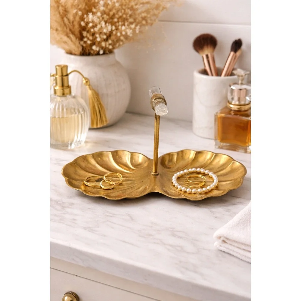 Vintage Brass‎ Double Shell Trinket Dish Candy Nut Server with Lucite Handle